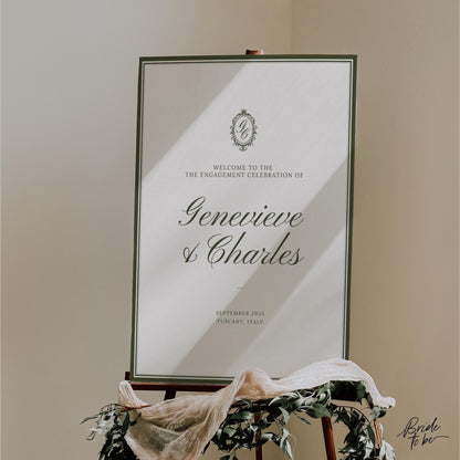 Olive Green Engagement Party Welcome Sign – Old Money Estate Canva Template