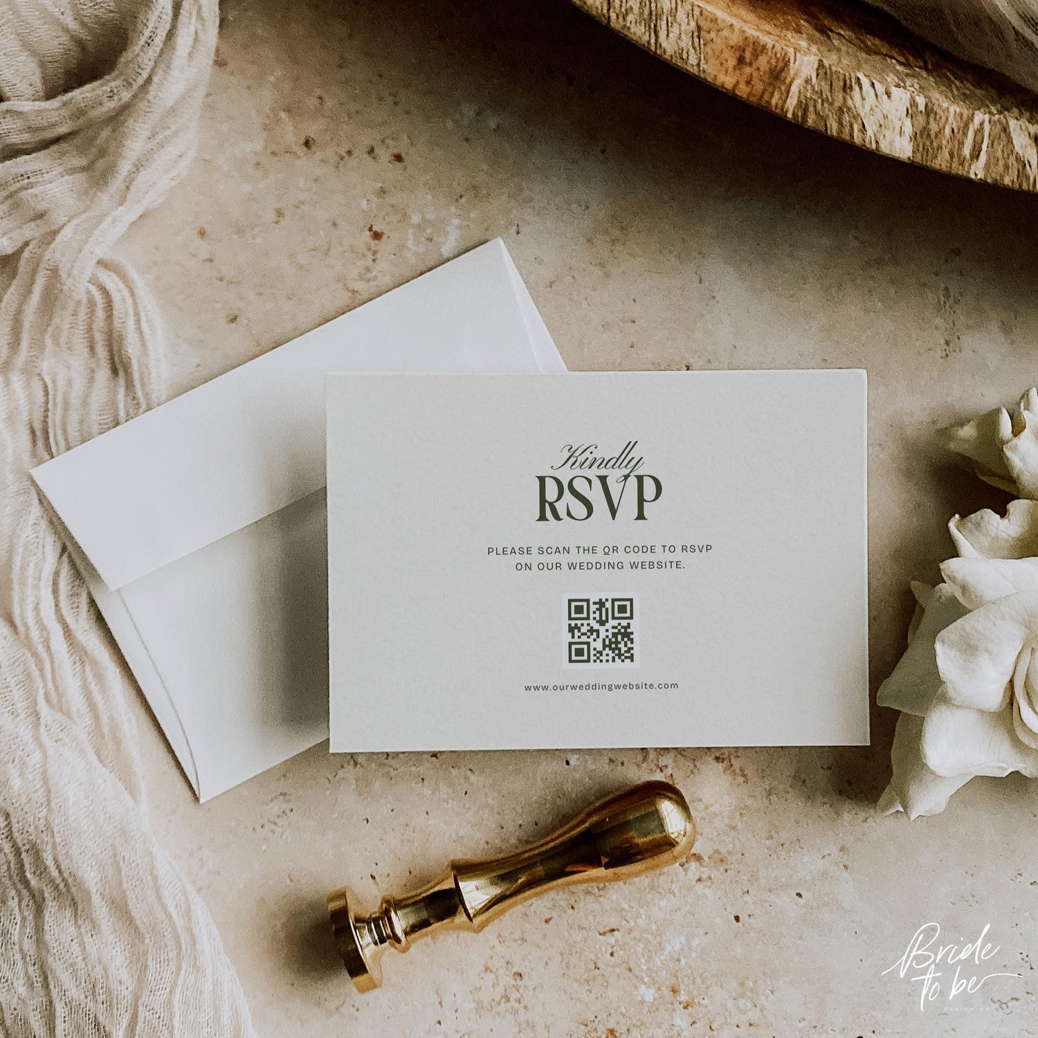 Olive Green Wedding RSVP Card Template – Old Money Canva Design with Monogram Back