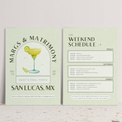 Margs and Matrimony Bachelorette Invitation – Fiesta Weekend Itinerary &amp; Packing List Canva Template