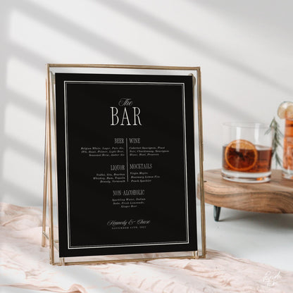 Black &amp; Ivory Wedding Bar Menu Sign | Elegant Canva Template