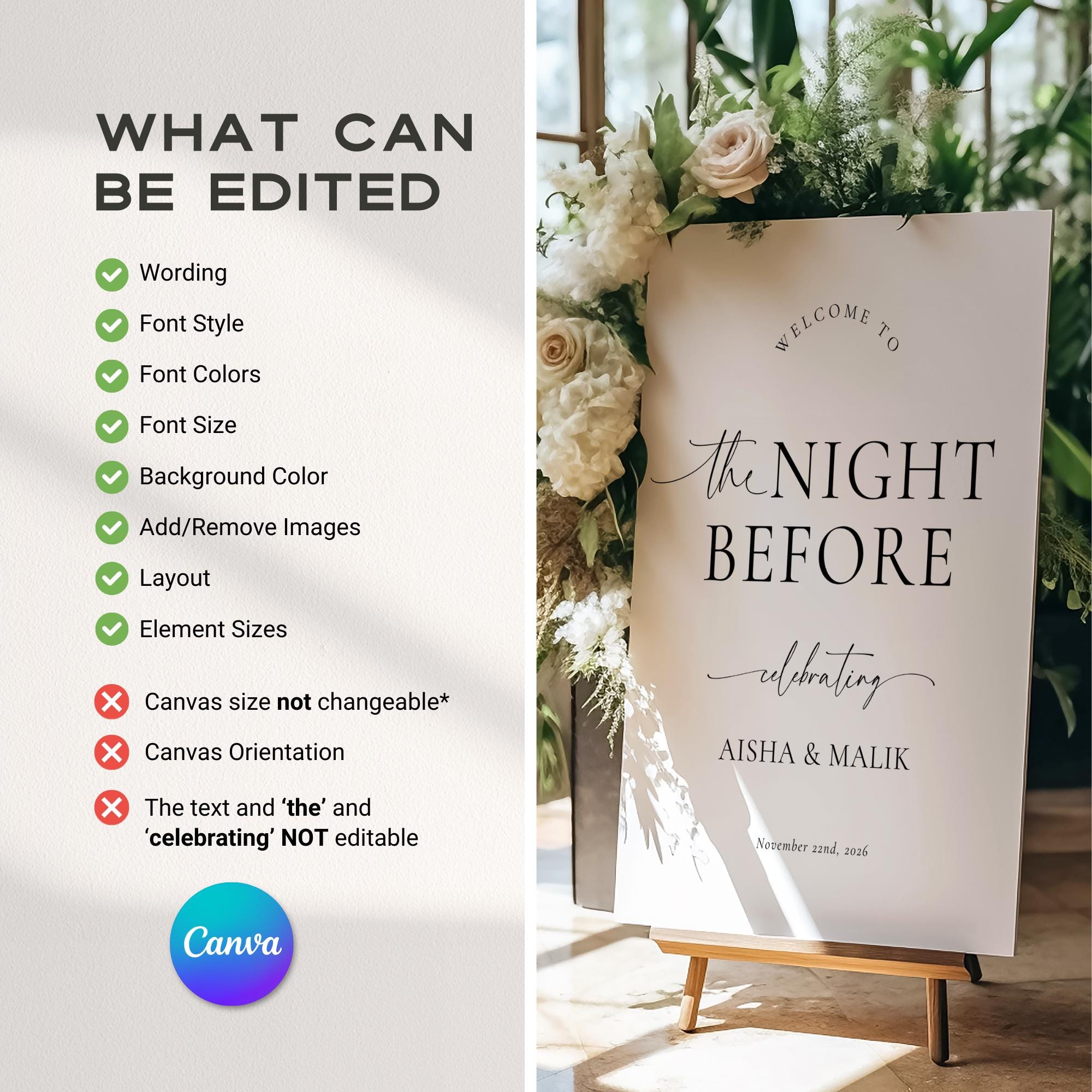 The Night Before Sign, Editable The Night Before Wedding Sign, Modern The Night Before Welcome Sign, Minimalist Rehearsal Dinner Sign Canva