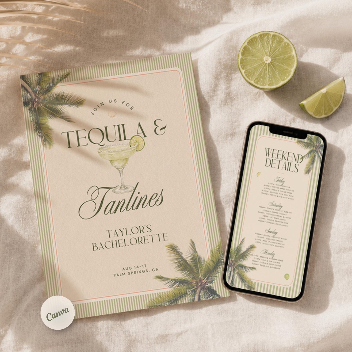 Tequila &amp; Tanlines Bachelorette Weekend Bundle – Beach Canva Templates