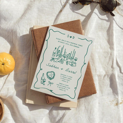 Save The Date &amp; Rehearsal Dinner Invitation Template – Hand-Drawn Wedding Canva Design