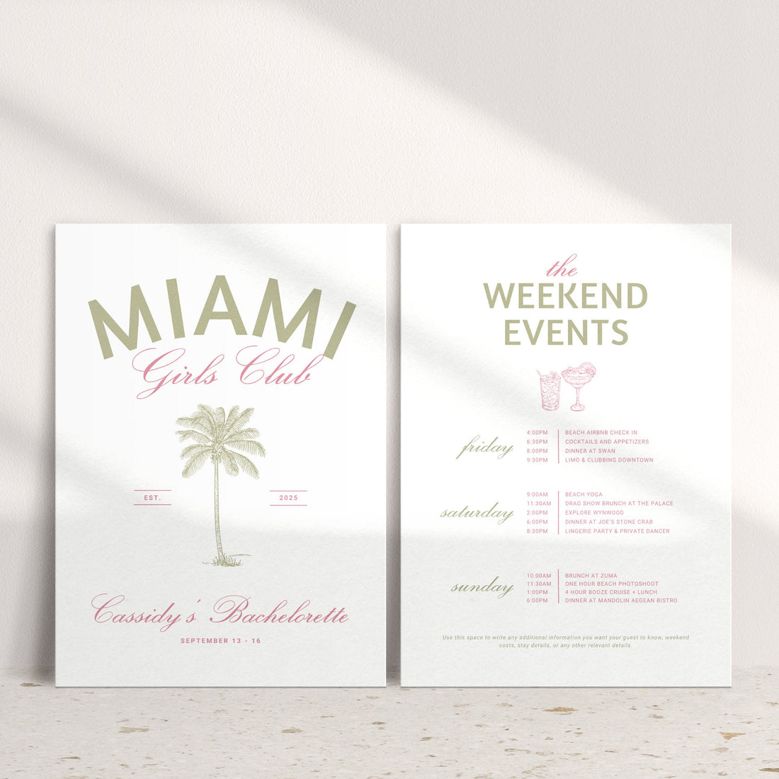 Miami Bachelorette Invitation &amp; Itinerary – Editable Girls Trip Canva Template