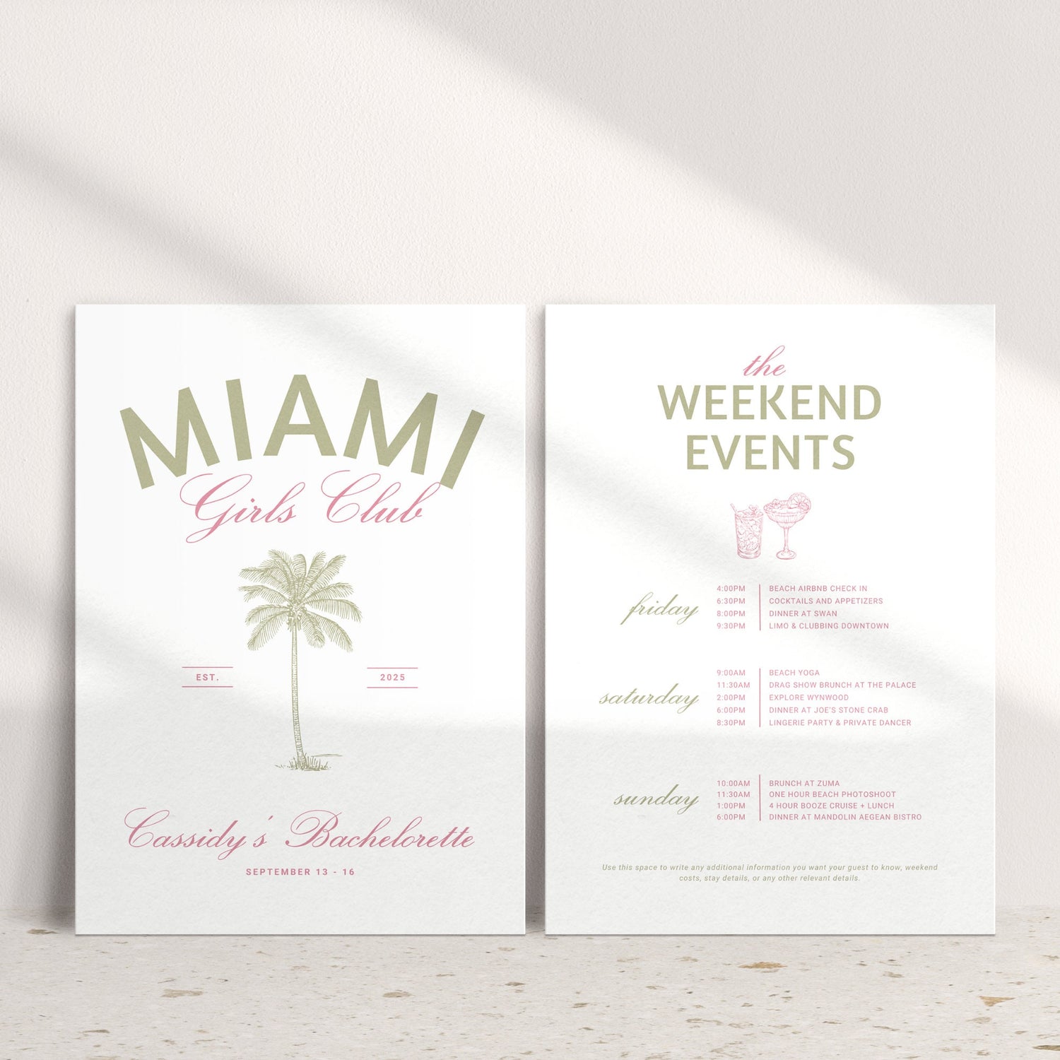 Miami Bachelorette Invitation &amp; Itinerary – Editable Girls Trip Canva Template