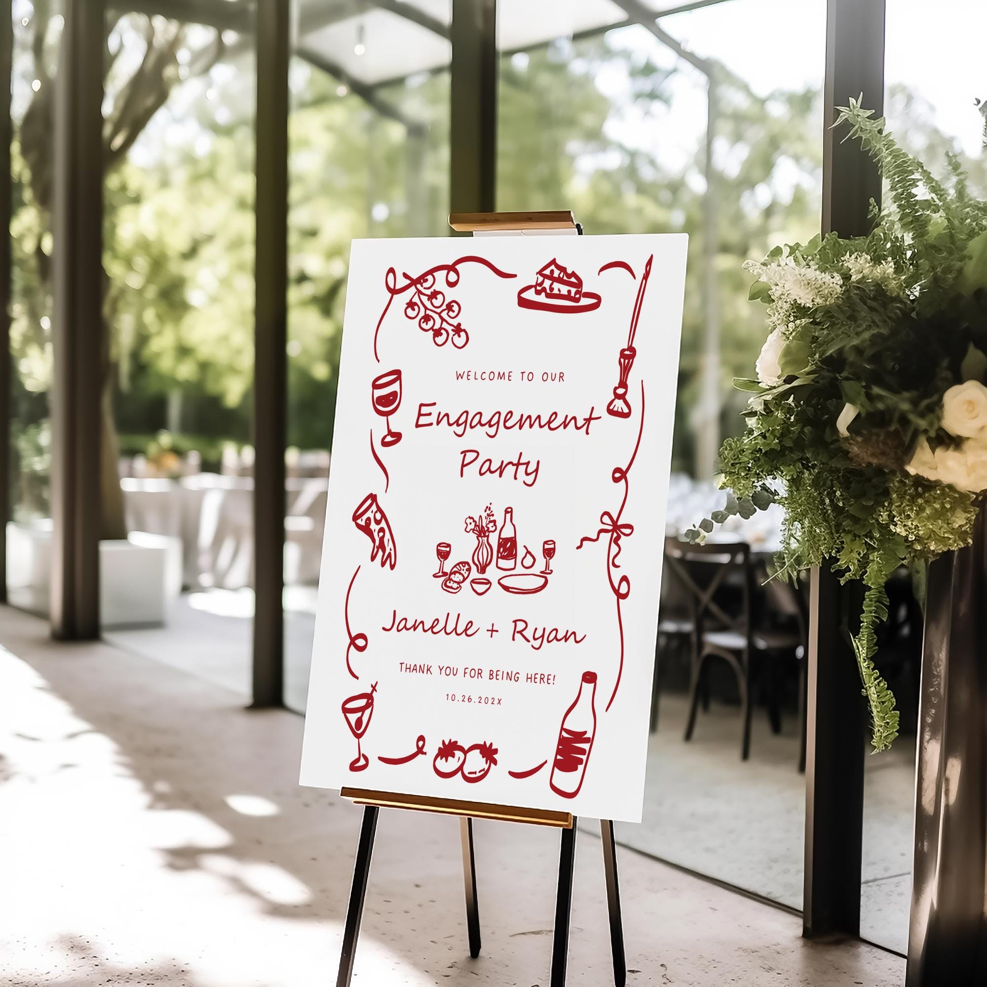 Whimsical Italian Rehearsal Dinner Welcome Sign – Hand-Drawn Engagement Party Canva Template