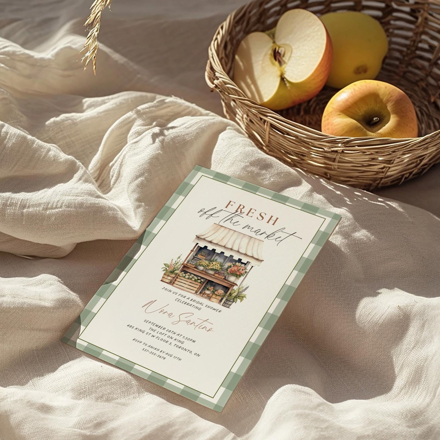 Green Plaid Fresh Off The Market Bridal Shower Invitation Template, Editable Bridal Shower Invite, Farmers Market Wedding Shower Canva DIY