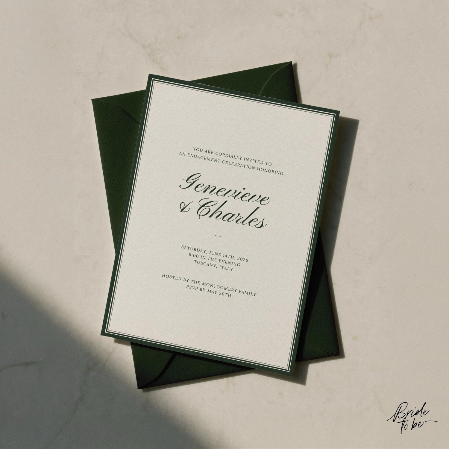 Forest Green Engagement Party Invitation – Elegant Estate Canva Template