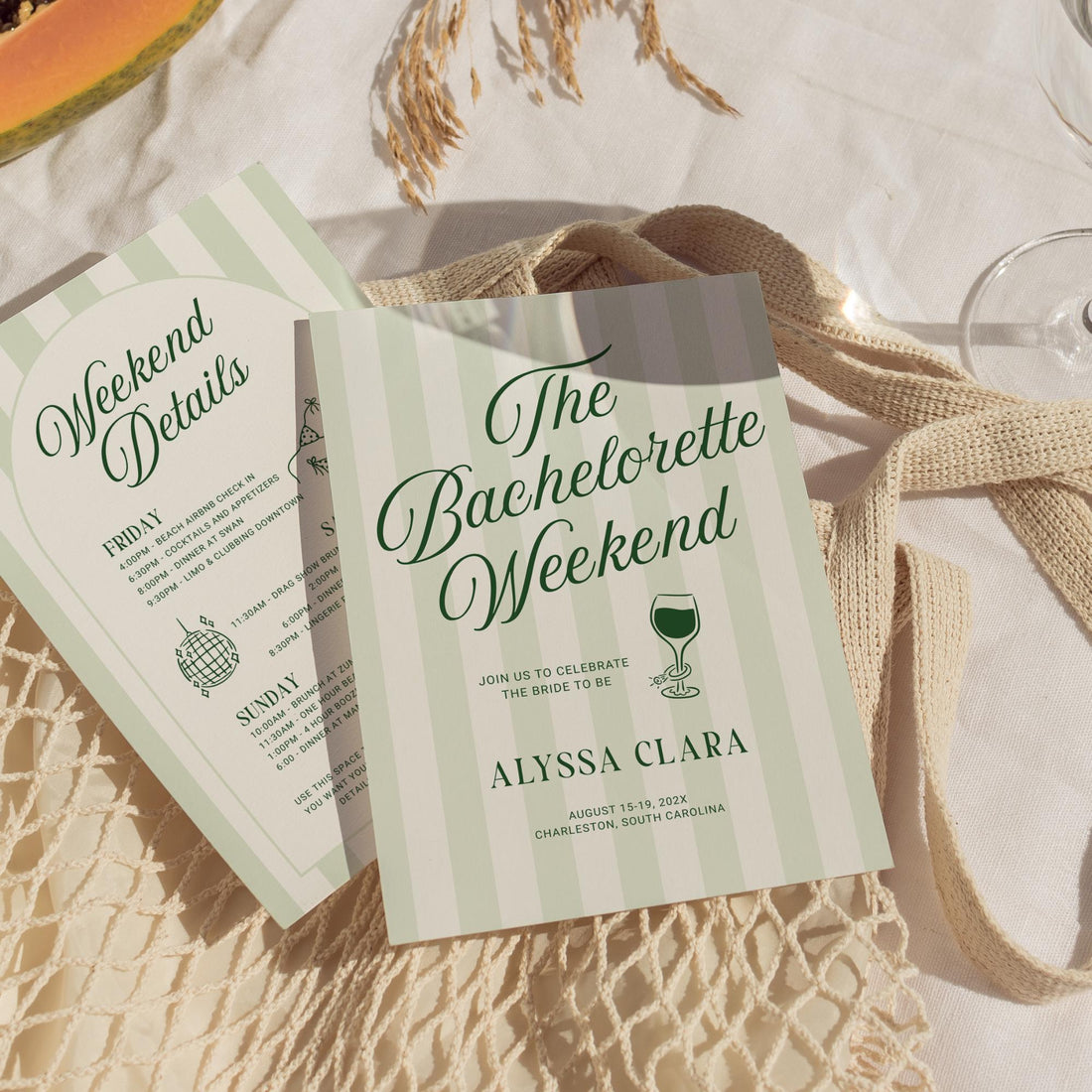 Beach Bachelorette Weekend Invitation &amp; Itinerary Bundle – Canva Templates
