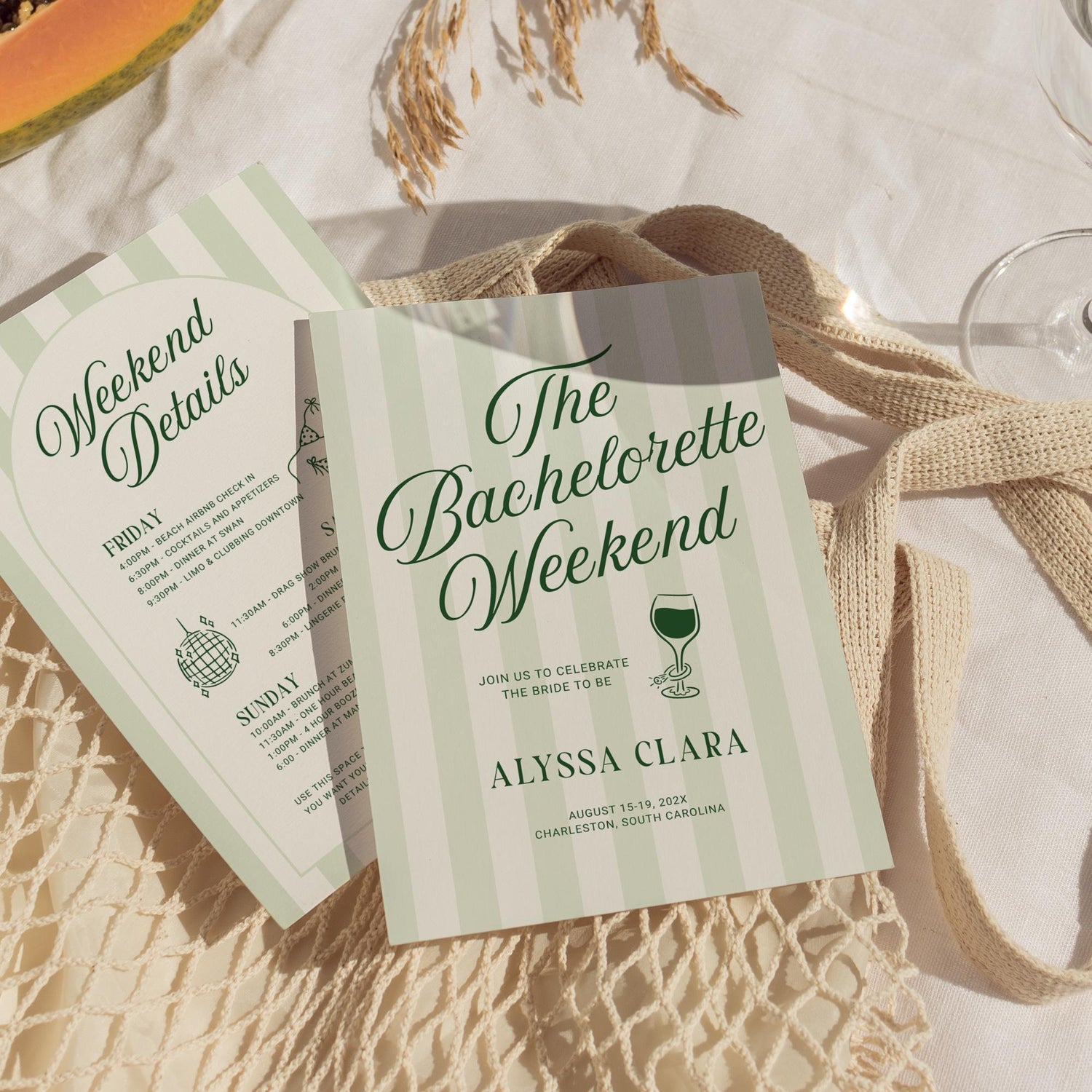 Beach Bachelorette Weekend Invitation &amp; Itinerary Bundle – Canva Templates
