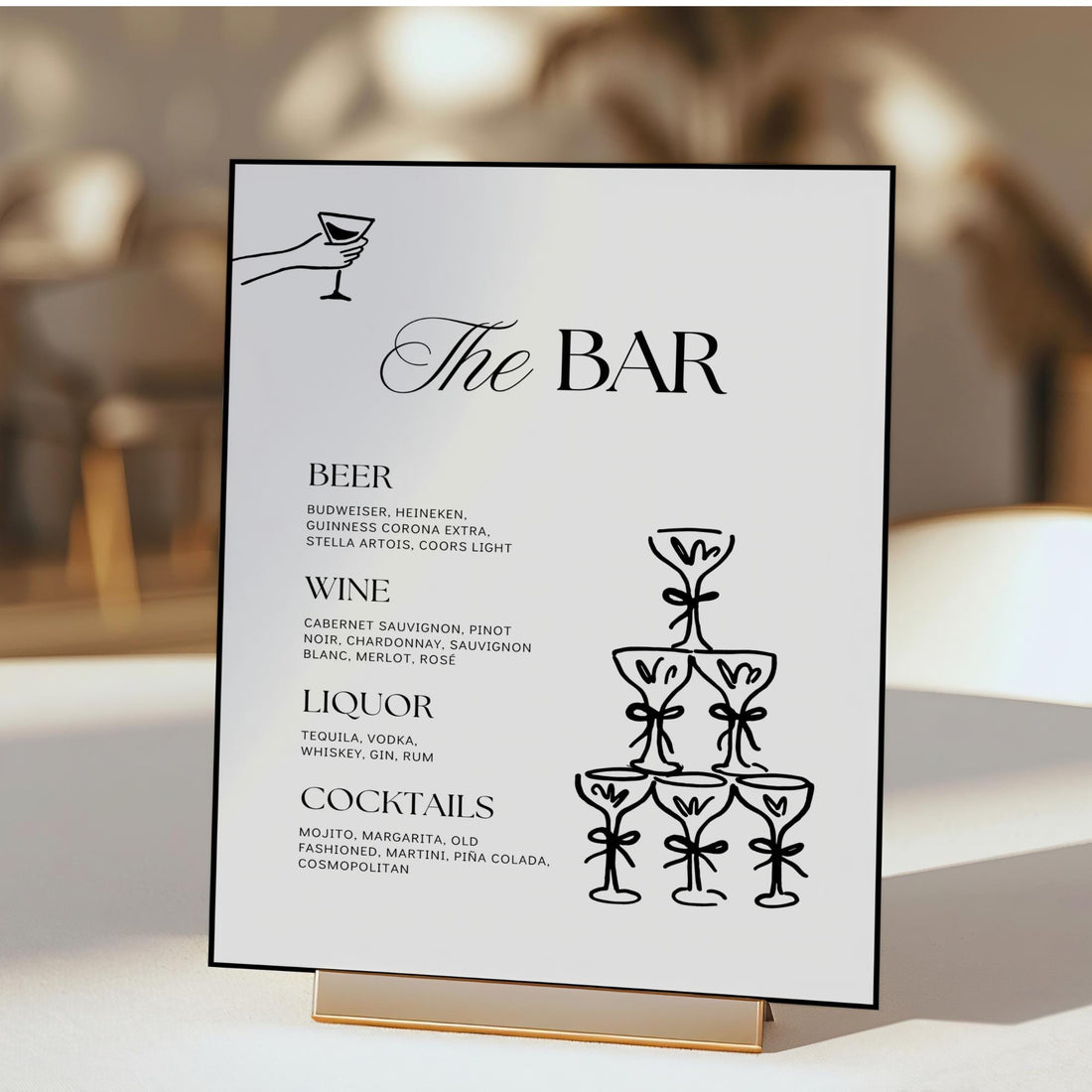 Wedding Bar Sign Template – Rehearsal Dinner Open Bar Sign &amp; Champagne Tower Menu – Editable Canva Design