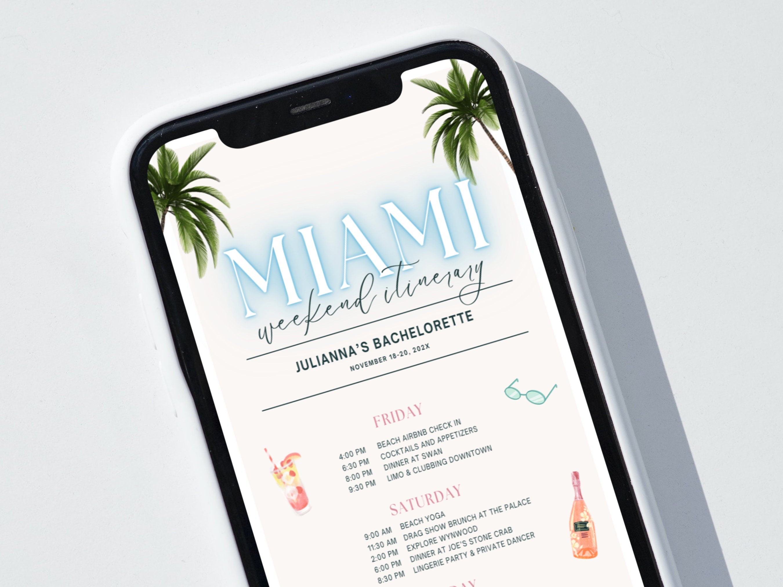 Miami Bachelorette Itinerary Template – Tropical Weekend Travel Schedule Canva