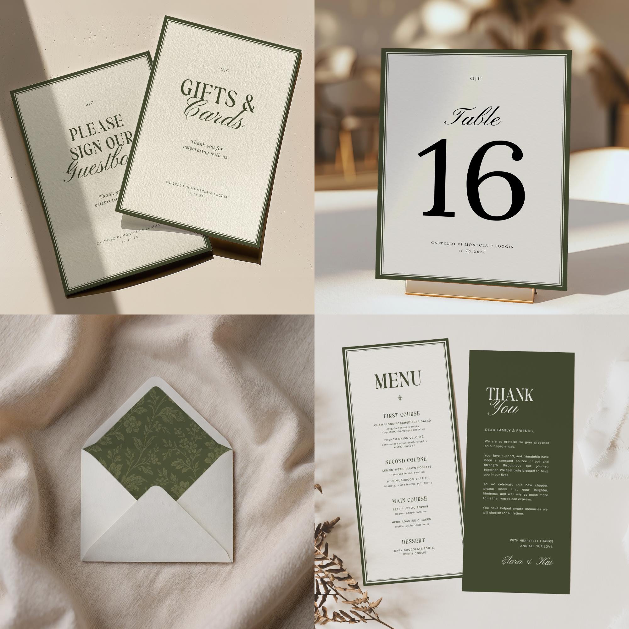 Olive Green Old Money Wedding Stationery Bundle – Elegant Luxury Canva Templates – Complete Wedding Suite