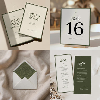 Olive Green Old Money Wedding Stationery Bundle – Elegant Luxury Canva Templates – Complete Wedding Suite