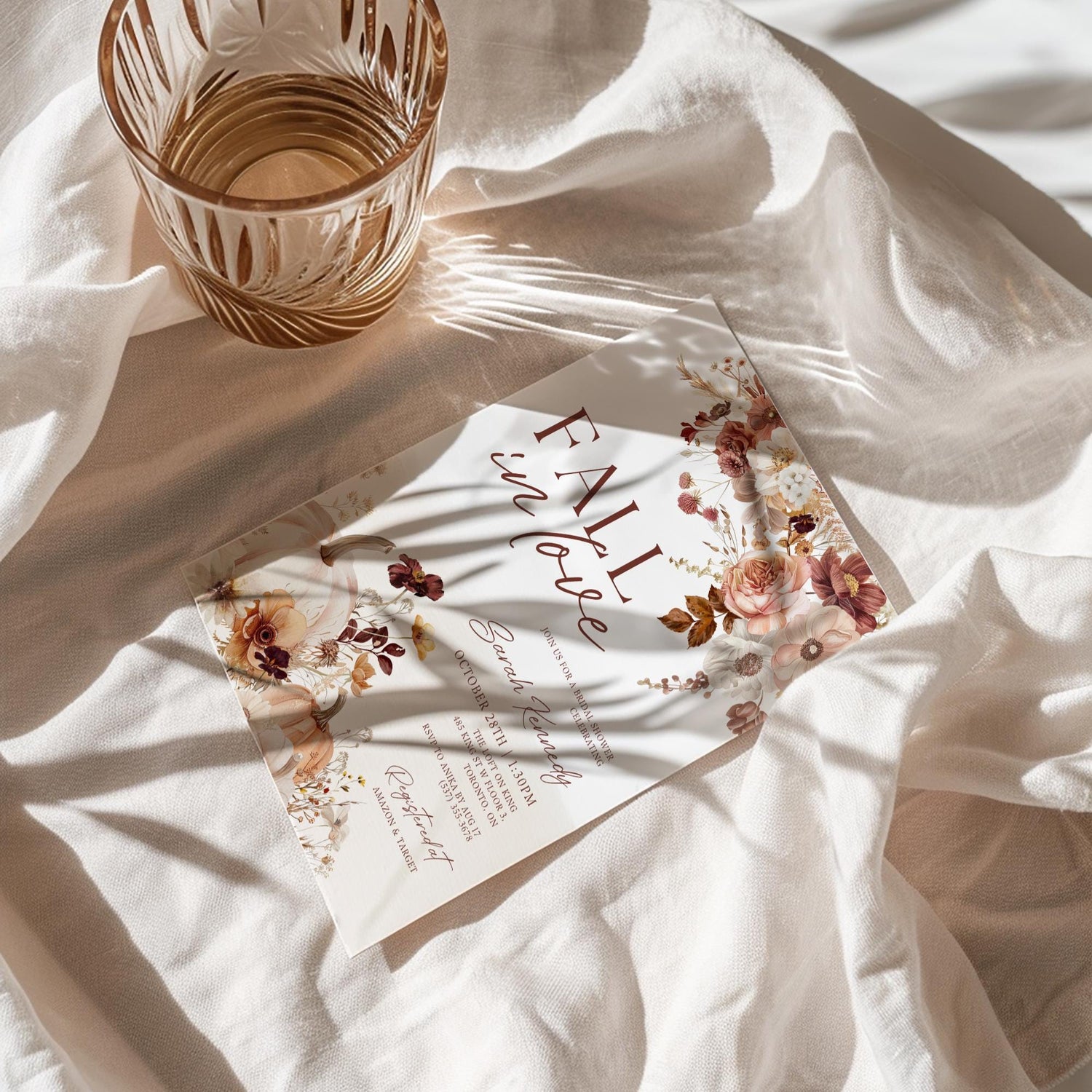 Fall In Love Bridal Shower Invitation Template, Fall Pumpkin Bridal Shower Invites, Autumn Floral Bridal Shower Invitations, Editable Canva