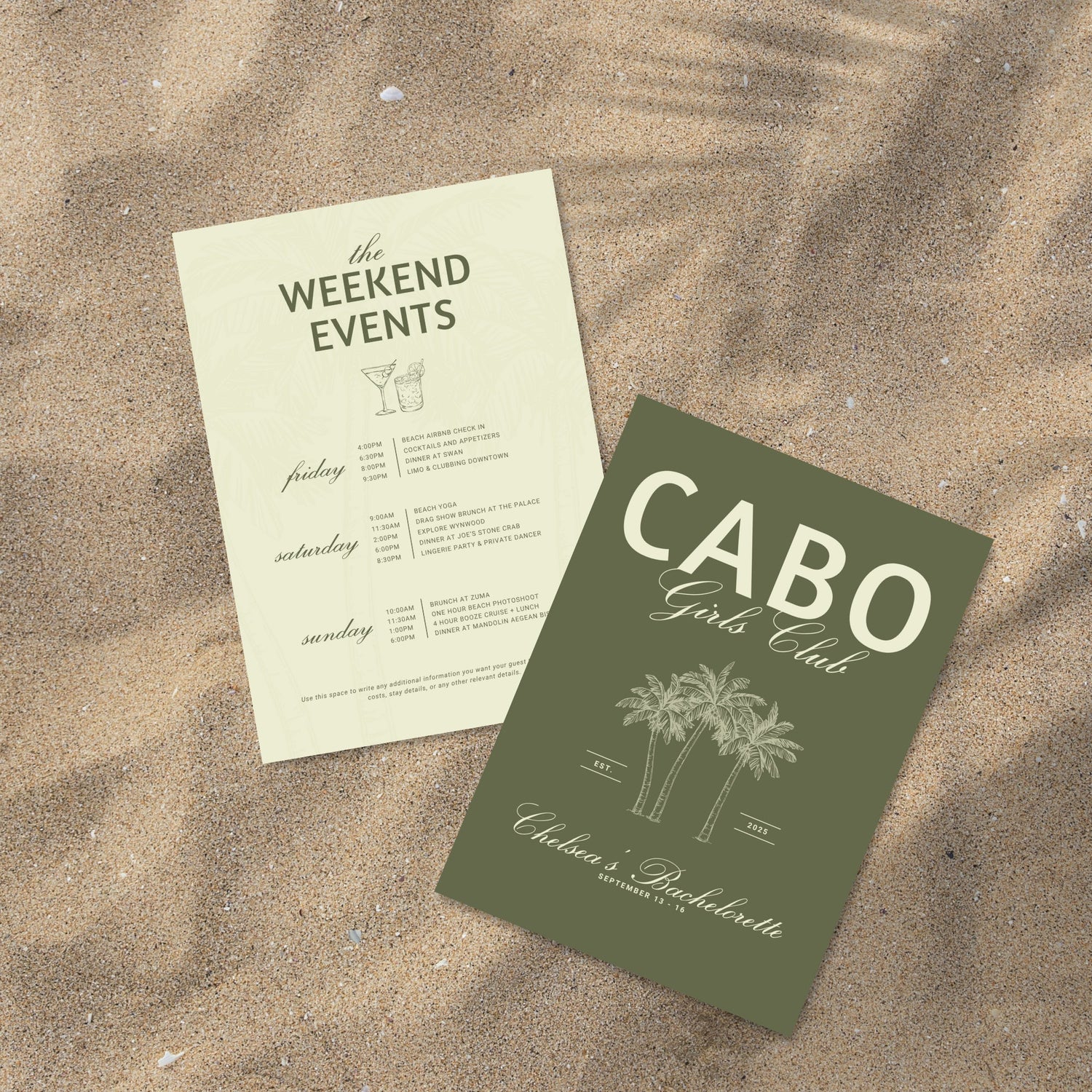 Cabo Bachelorette Invitation &amp; Weekend Itinerary – Mexico Girls Trip Canva Template