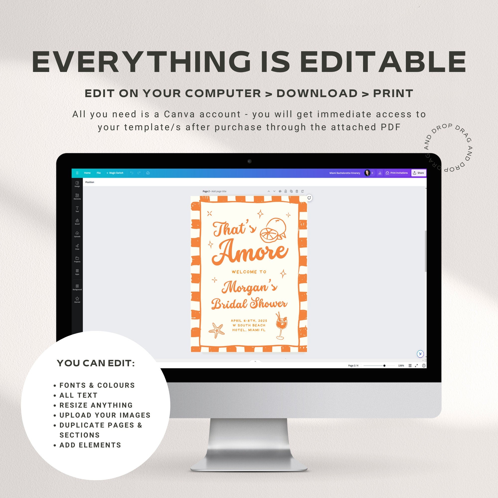 Orange That’s Amore Bachelorette Welcome Sign – Aperol Spritz Beach Party Canva Template