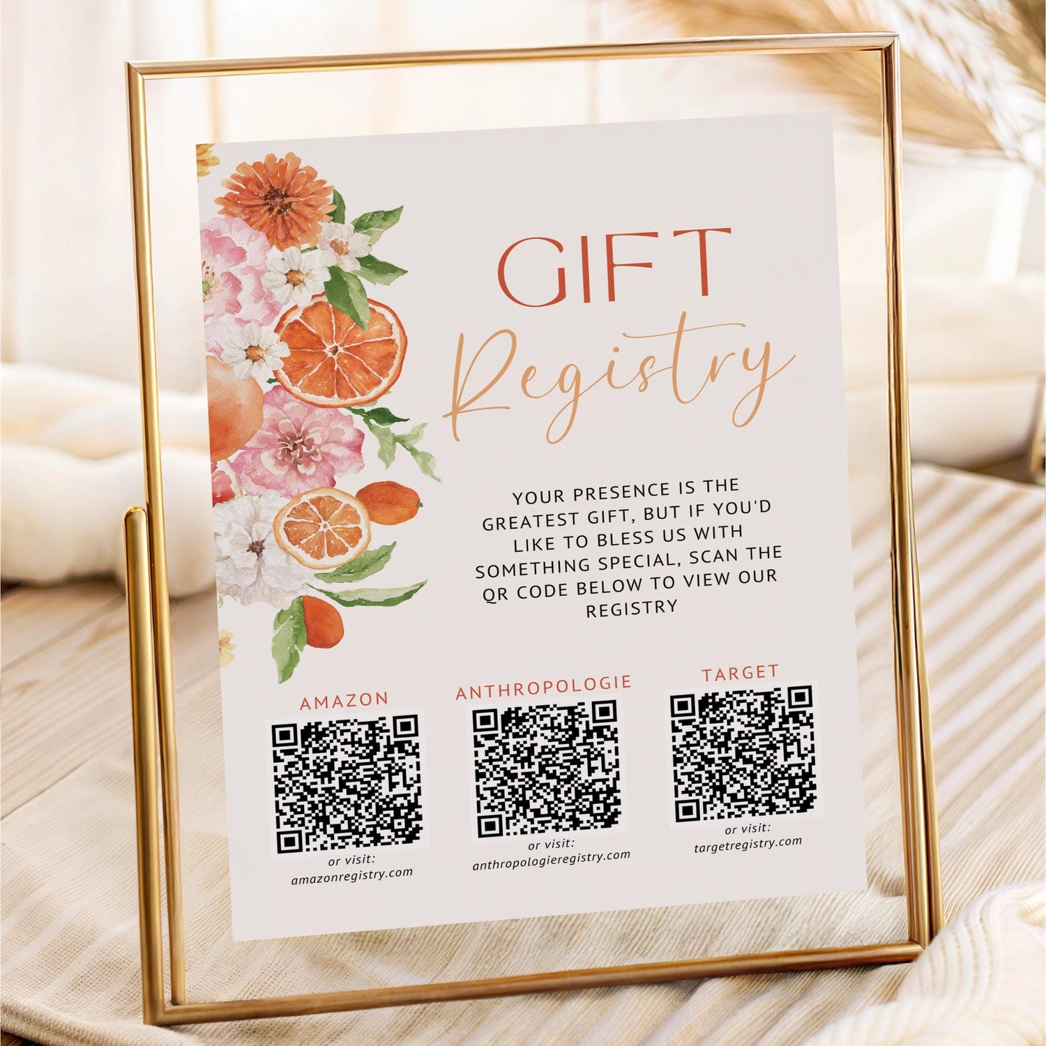 Citrus Gift Registry Bridal Shower Sign Template – Editable Wedding Registry QR Code Sign, Floral Citrus Shower Sign Canva Template