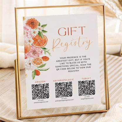 Citrus Gift Registry Bridal Shower Sign Template – Editable Wedding Registry QR Code Sign, Floral Citrus Shower Sign Canva Template