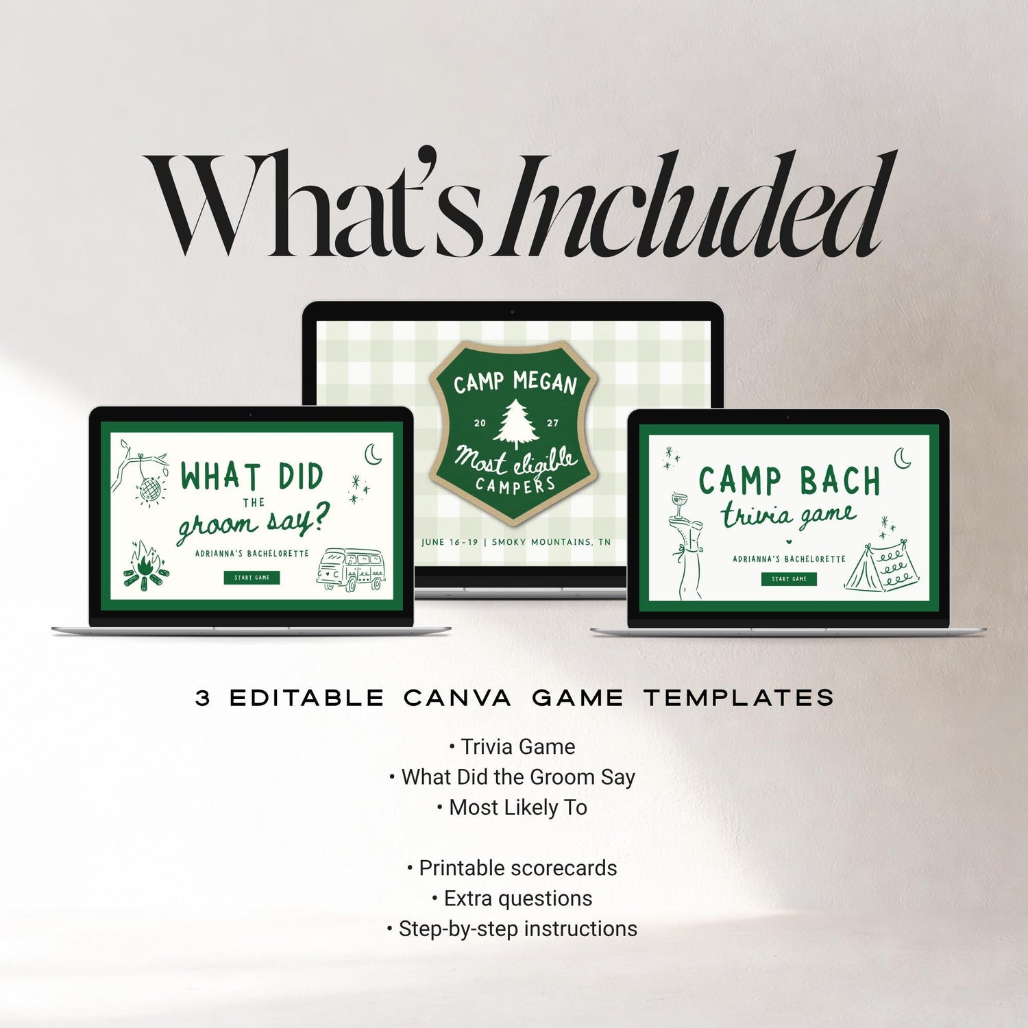 Camp Bachelorette Games Bundle | Animated Canva Party Games