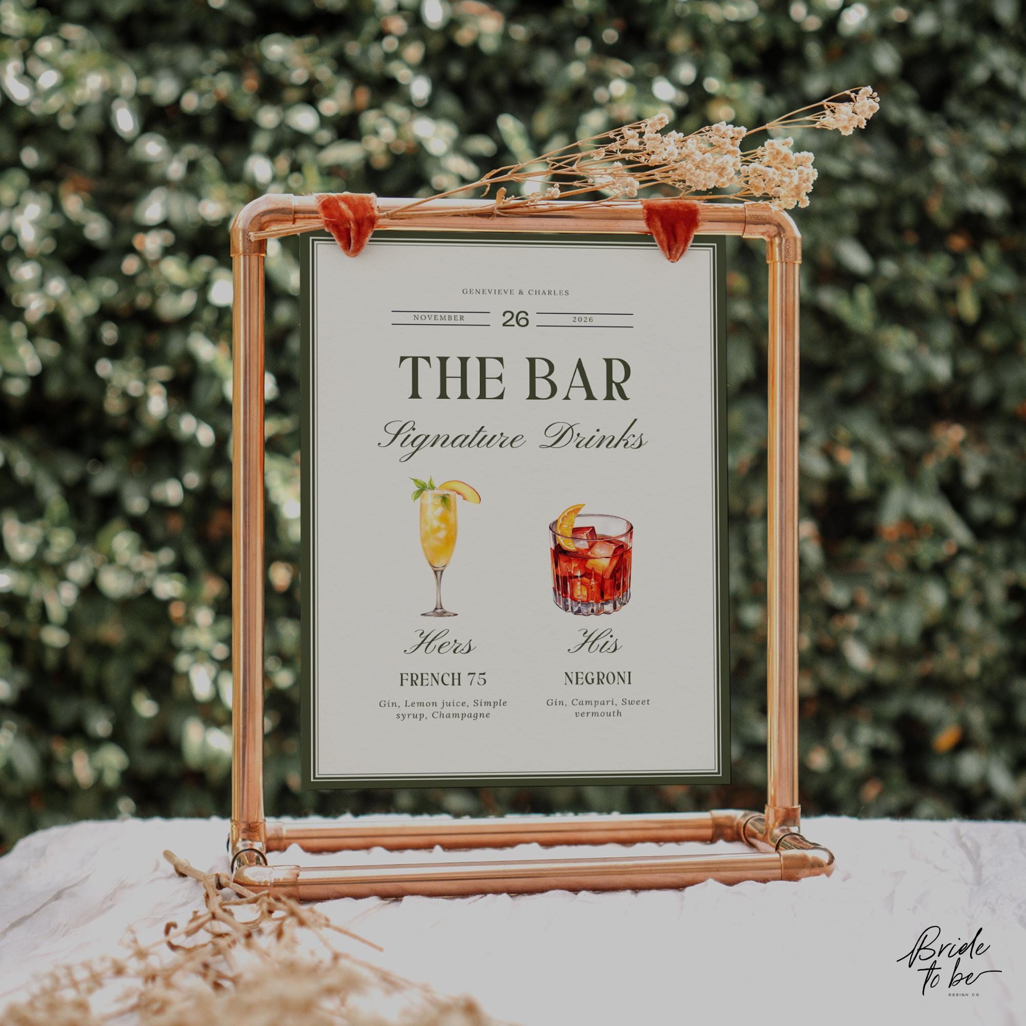 Old Money Olive Green Signature Drinks Sign – Classic Wedding Bar Canva Template