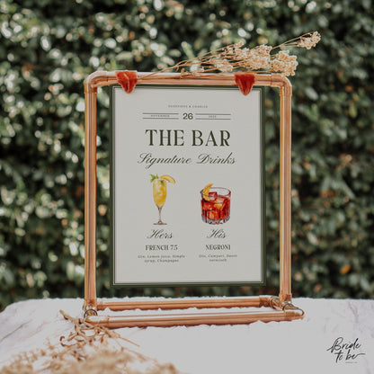 Old Money Olive Green Signature Drinks Sign – Classic Wedding Bar Canva Template