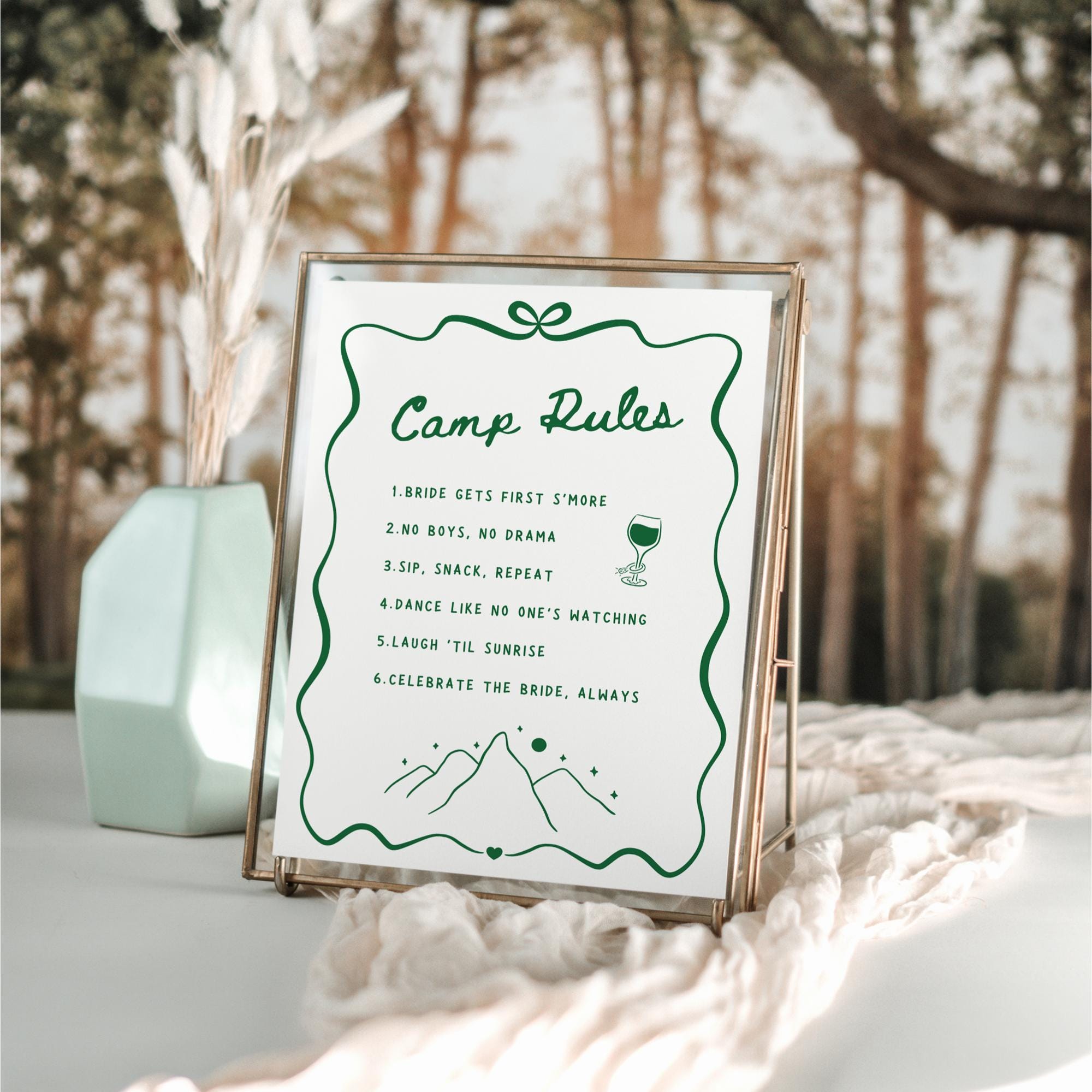 Camp Bachelorette Invitation &amp; Itinerary Bundle – Girls Weekend Canva Template Set