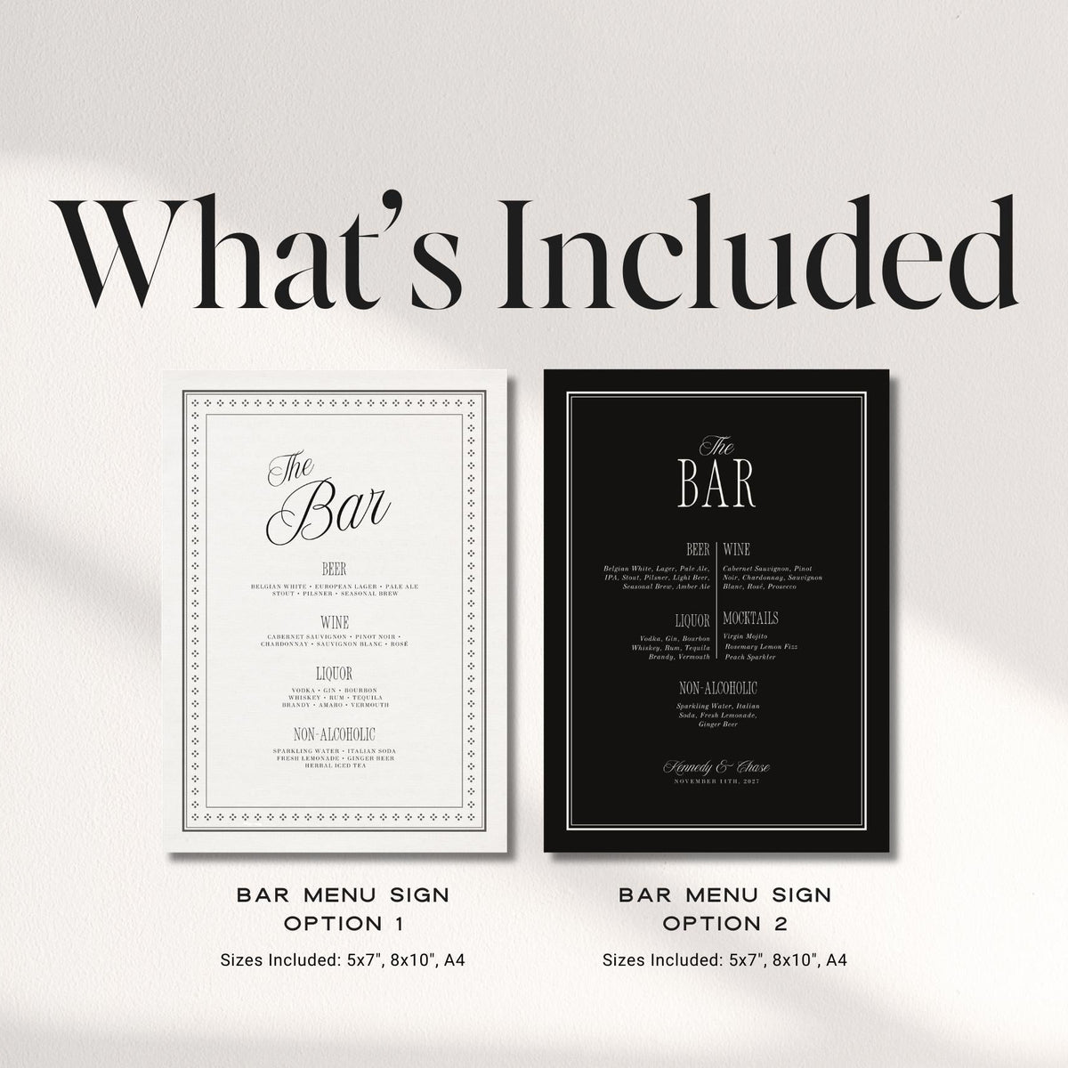 Black &amp; Ivory Wedding Bar Menu Sign | Elegant Canva Template
