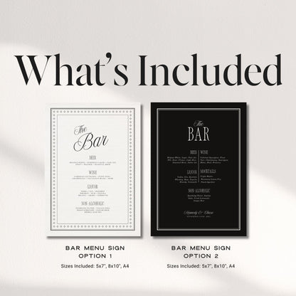 Black &amp; Ivory Wedding Bar Menu Sign | Elegant Canva Template
