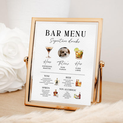 Modern Signature Drinks Sign – His &amp; Hers Bar Menu with Pet Cocktail Illustration Canva Template