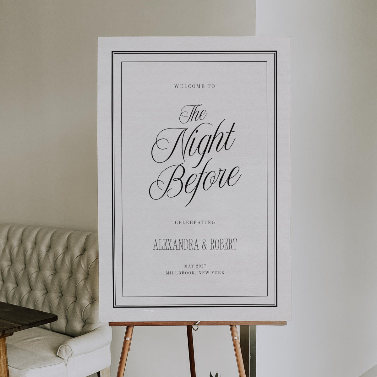 Black &amp; Ivory Night Before Welcome Sign | Rehearsal Dinner Canva Template