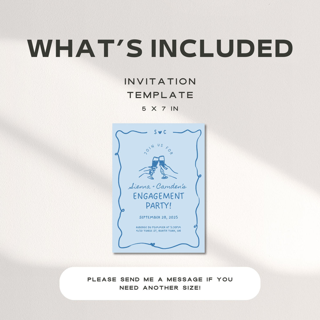 Blue Engagement Party Invitation – Whimsical Hand-Drawn Bridal Shower Invite Editable Canva Template