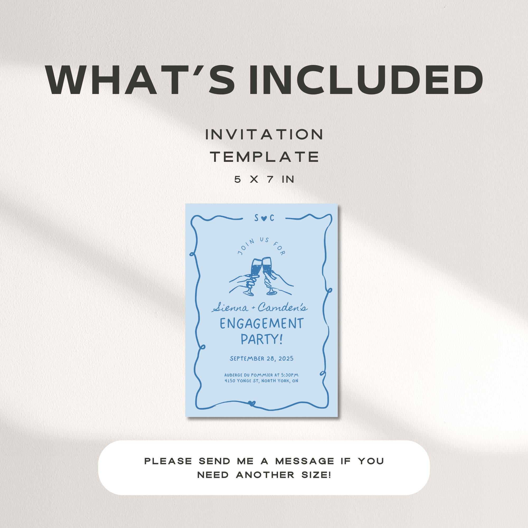 Blue Engagement Party Invitation – Whimsical Hand-Drawn Bridal Shower Invite Editable Canva Template