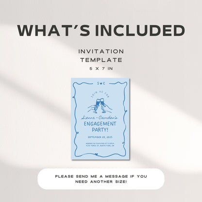 Blue Engagement Party Invitation – Whimsical Hand-Drawn Bridal Shower Invite Editable Canva Template