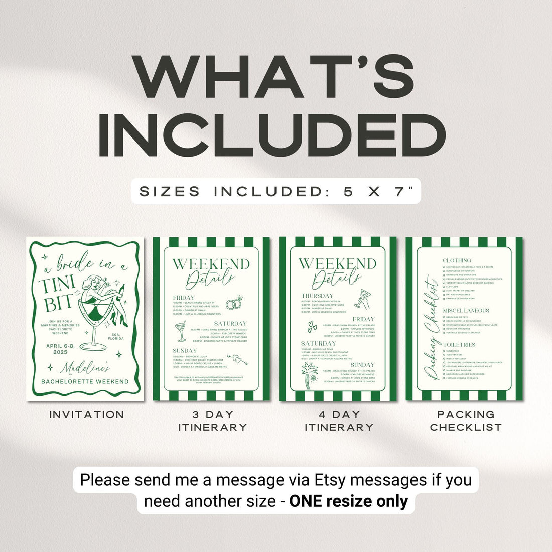 Bride In a Tini Bit Bachelorette Itinerary &amp; Invitation – Martini Bachelorette Canva Template Bundle