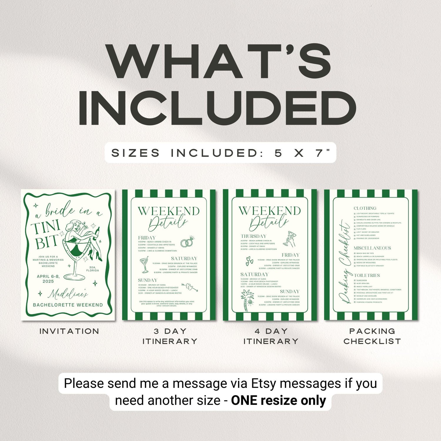 Bride In a Tini Bit Bachelorette Itinerary &amp; Invitation – Martini Bachelorette Canva Template Bundle