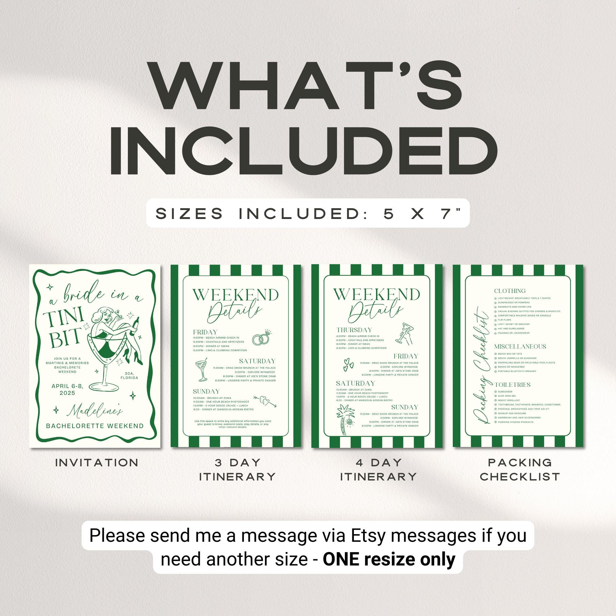 Bride In a Tini Bit Bachelorette Itinerary &amp; Invitation – Martini Bachelorette Canva Template Bundle