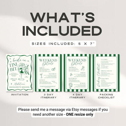 Bride In a Tini Bit Bachelorette Itinerary &amp; Invitation – Martini Bachelorette Canva Template Bundle