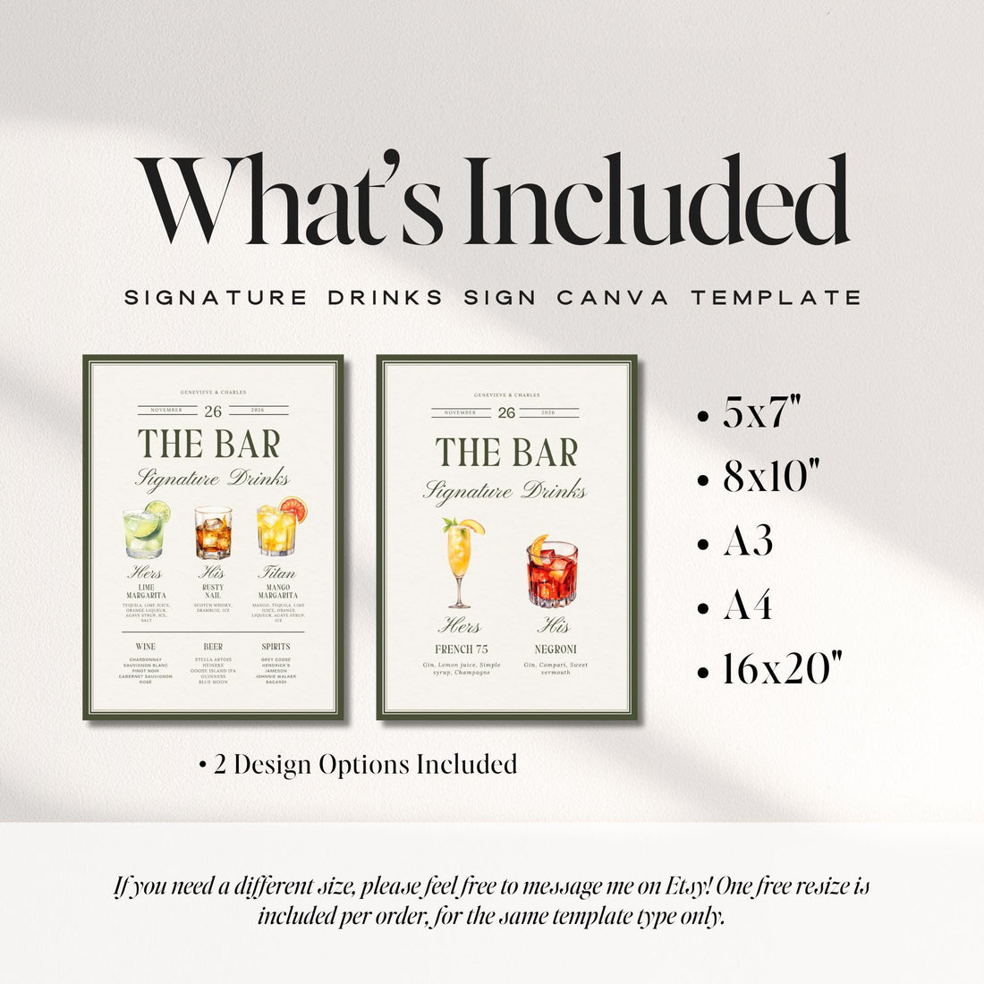 Old Money Olive Green Signature Drinks Sign – Classic Wedding Bar Canva Template