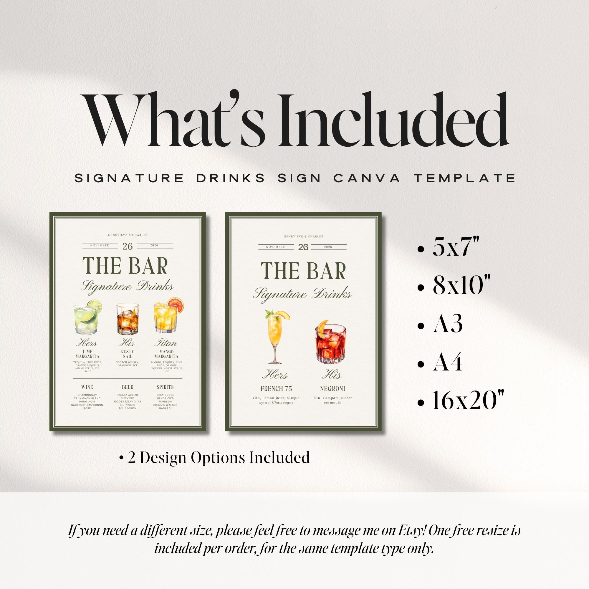 Old Money Olive Green Signature Drinks Sign – Classic Wedding Bar Canva Template