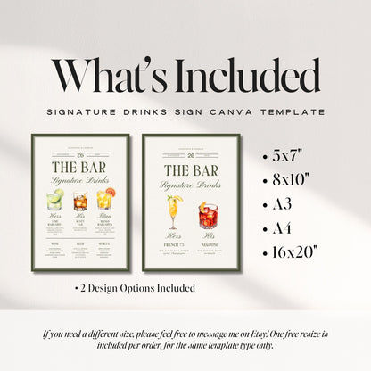 Old Money Olive Green Signature Drinks Sign – Classic Wedding Bar Canva Template