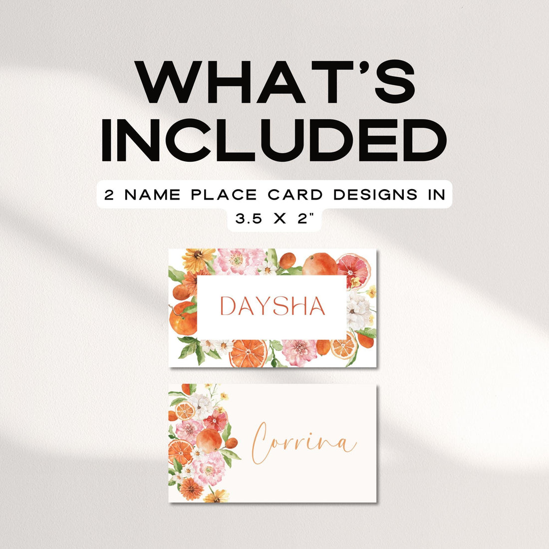 Citrus Bridal Shower Place Cards – Editable Watercolor Floral Table Name Cards Canva Template