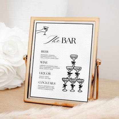 Wedding Bar Sign Template – Rehearsal Dinner Open Bar Sign &amp; Champagne Tower Menu – Editable Canva Design