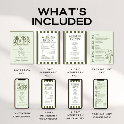 Bikinis &amp; Martinis Bachelorette Invitation &amp; Itinerary Bundle – Editable Canva Template
