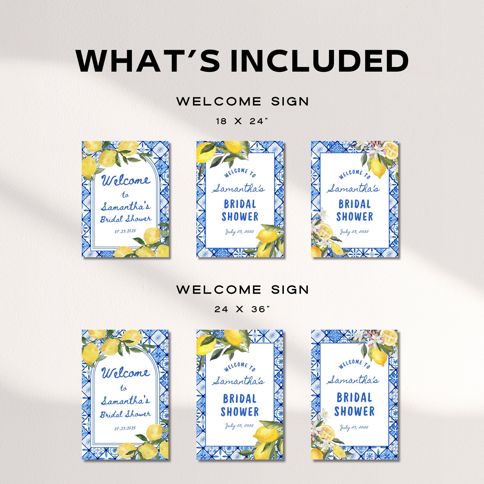 Blue Tile Italian Lemon Bridal Shower Welcome Sign – Editable Canva Bridal Shower Decor