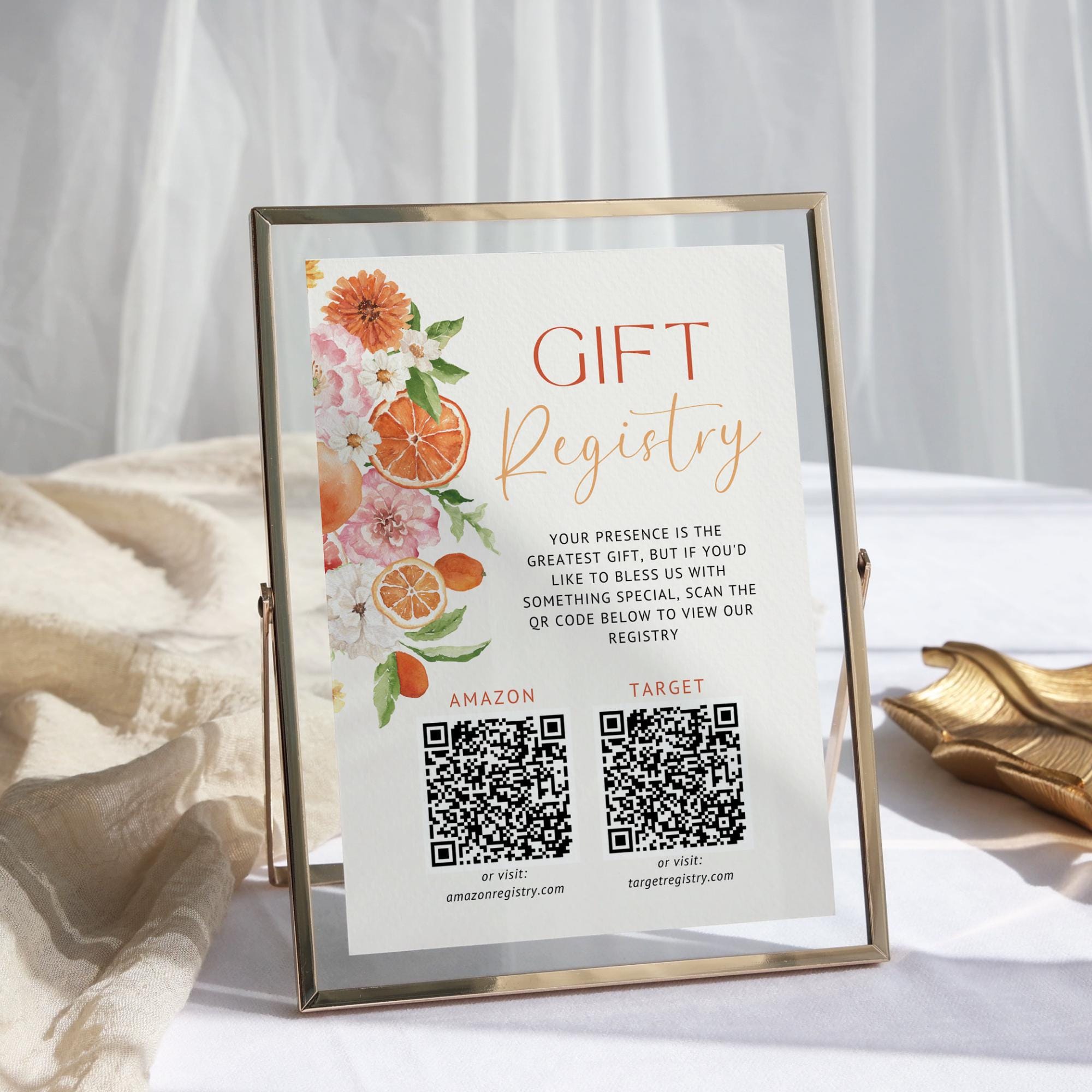 Citrus Gift Registry Bridal Shower Sign Template – Editable Wedding Registry QR Code Sign, Floral Citrus Shower Sign Canva Template