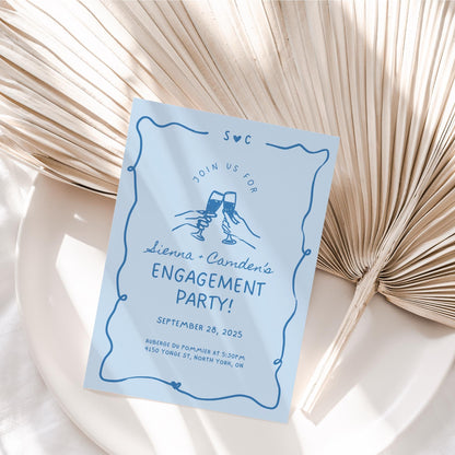 Blue Engagement Party Invitation – Whimsical Hand-Drawn Bridal Shower Invite Editable Canva Template