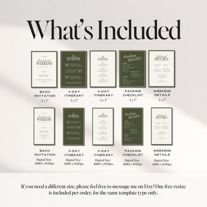 Old Money Olive Green Bachelorette Weekend Itinerary – Elegant Canva Template