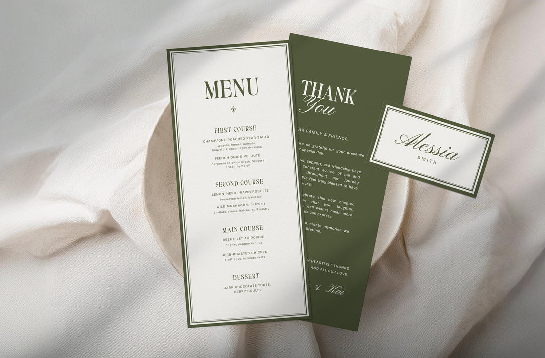 Old Money Wedding Menu &amp; Place Cards Set - Olive Green Elegant Canva Templates