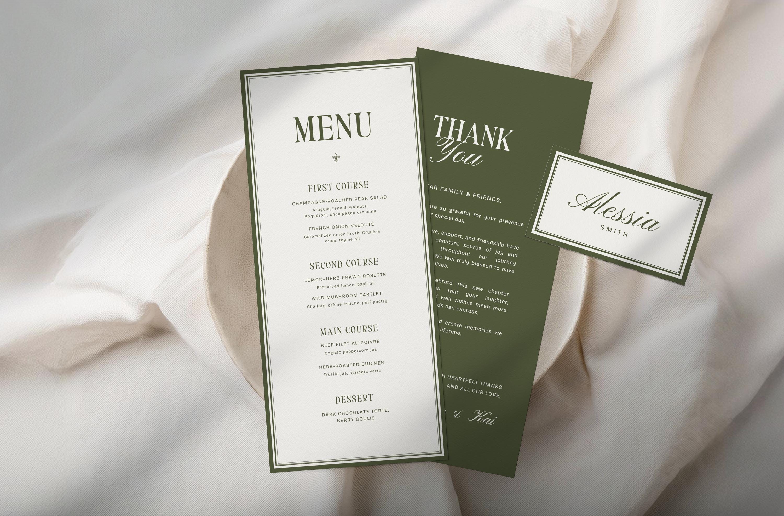 Old Money Wedding Menu &amp; Place Cards Set - Olive Green Elegant Canva Templates